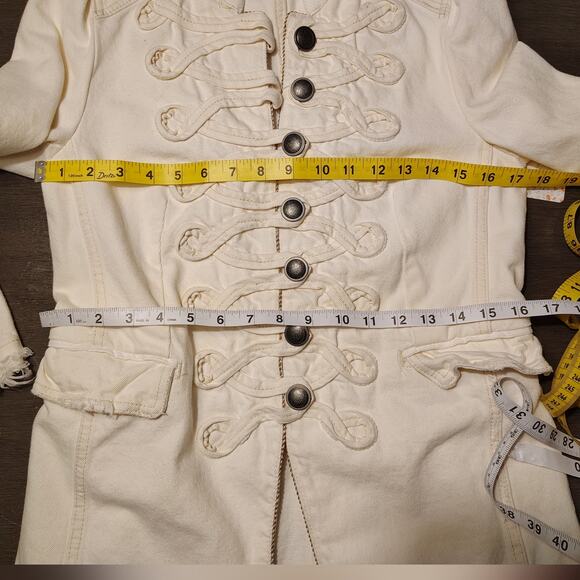 Free People Seamed and Structured Denim Military Jacket Ivory Braided Trim Small - Picture 6 of 16